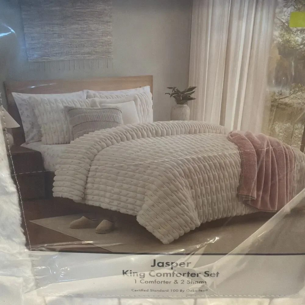 BearPaw Jasper King Comforter Set NEW Ivory Faux Fur Puff Comforter And Sham Set